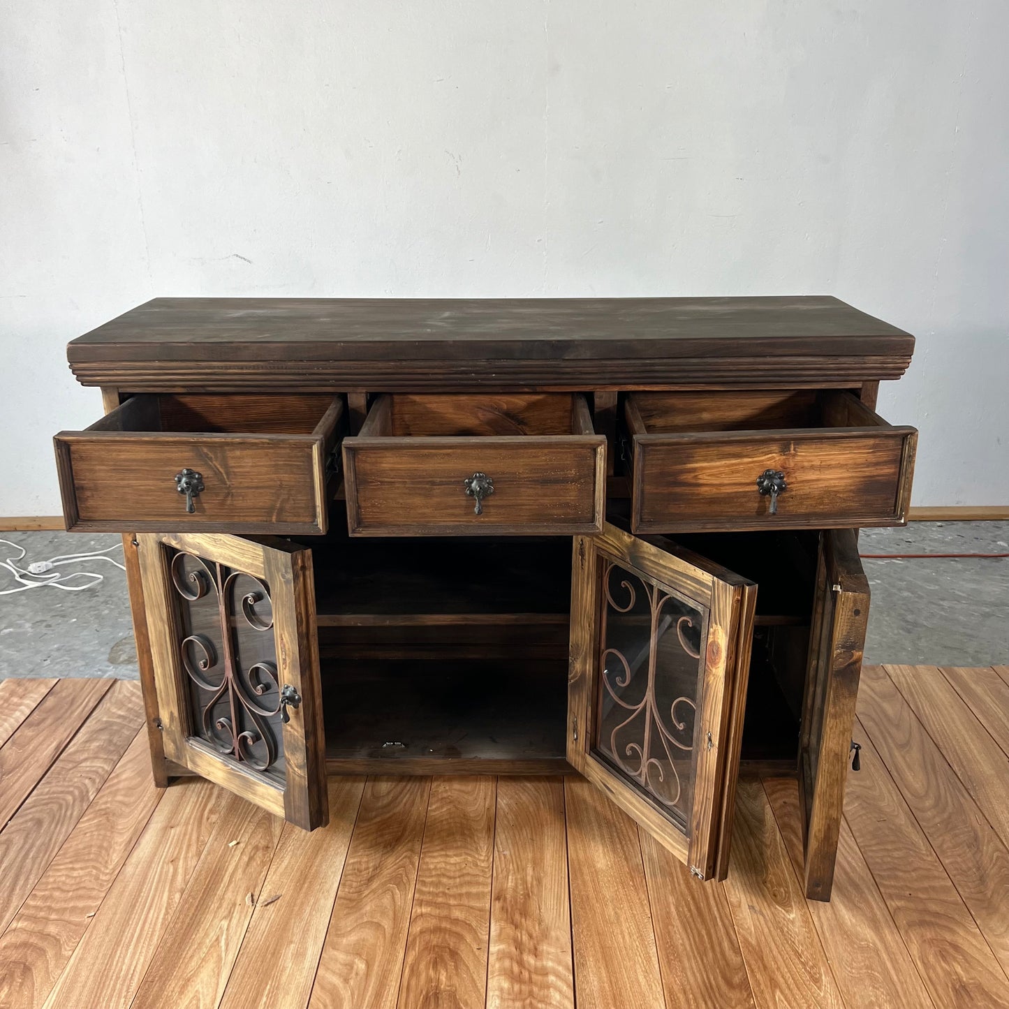 NEW Rustic Solid Wood and Metal Buffett Cabinet