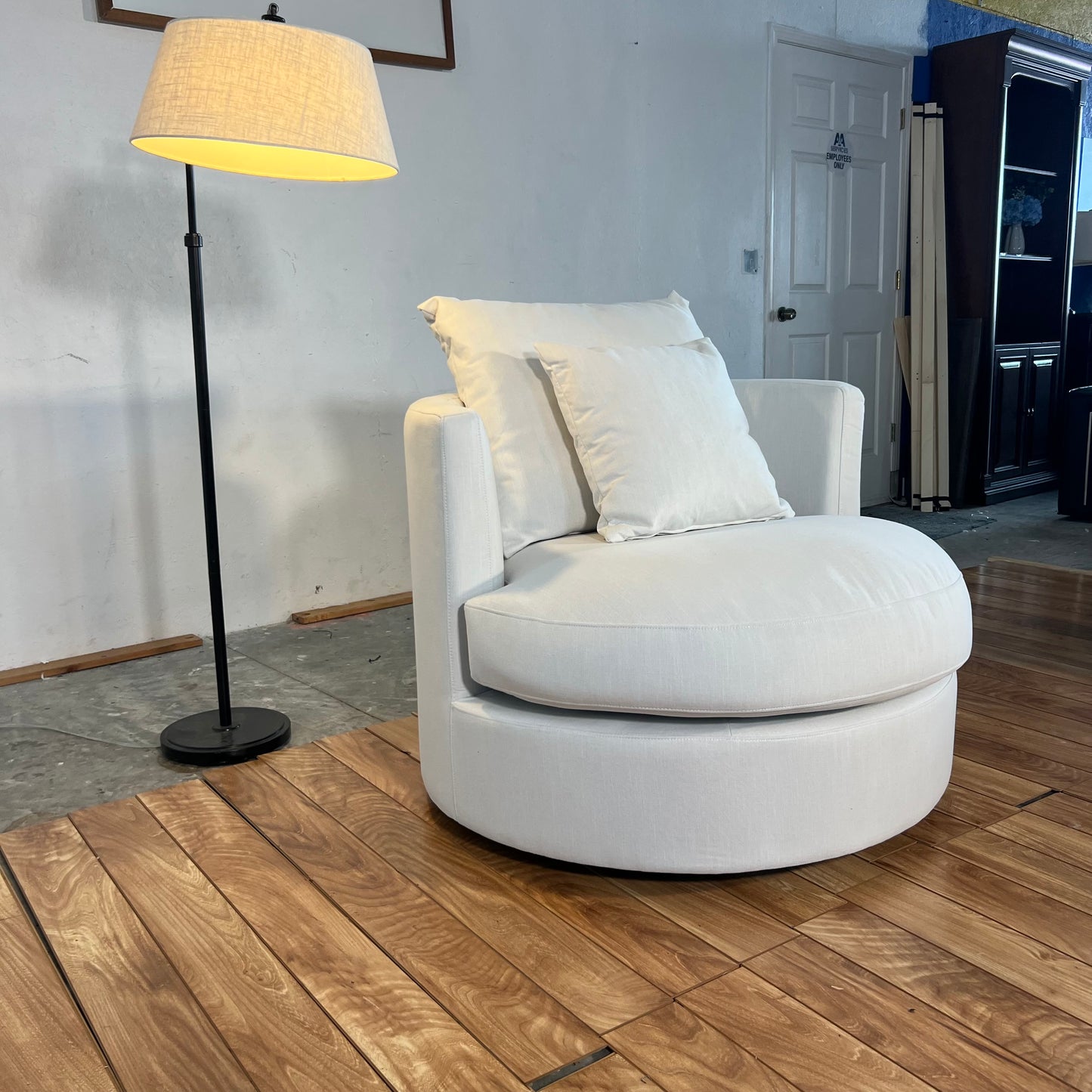 NEW Ivory Upholstered Swivel Barrel Chair