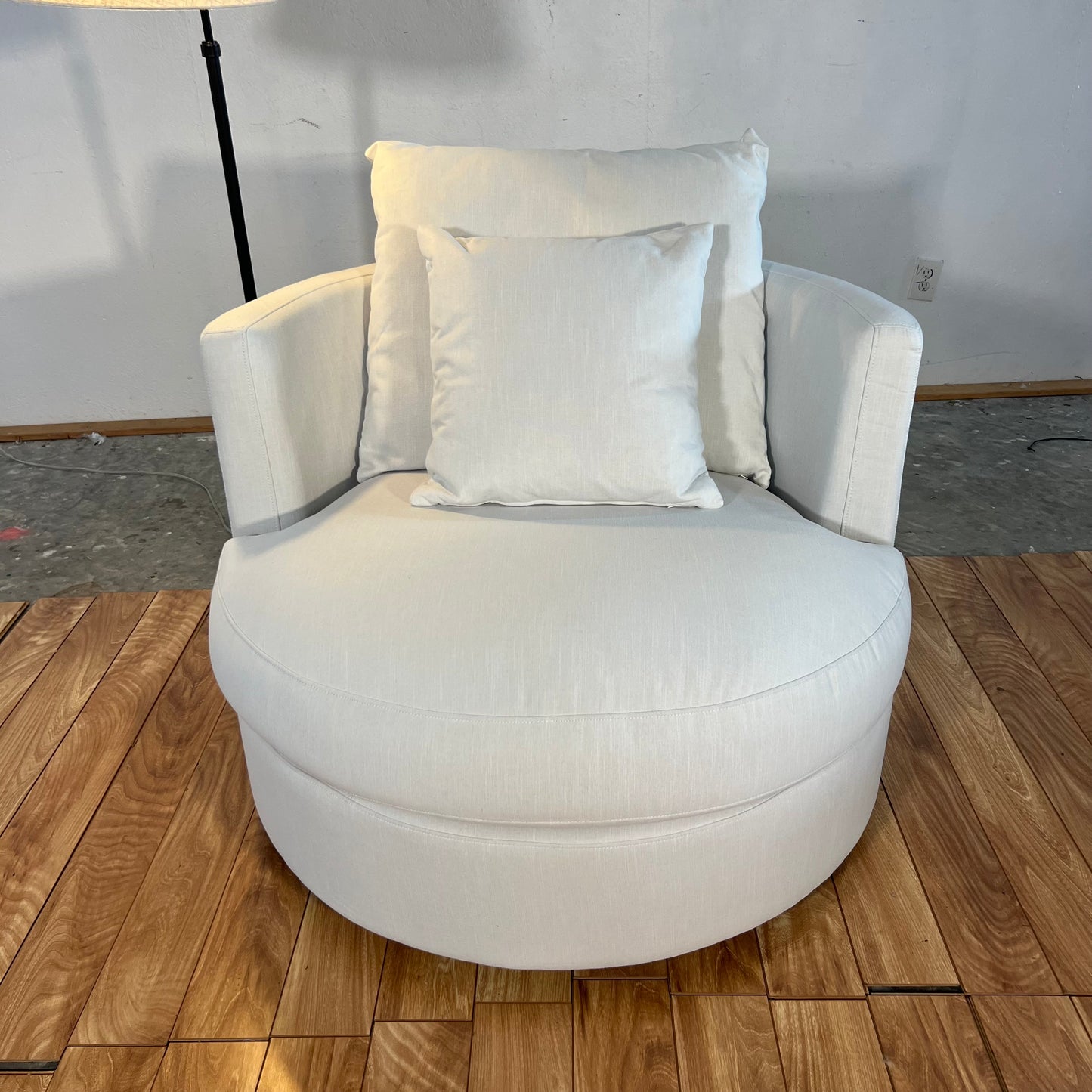 NEW Ivory Upholstered Swivel Barrel Chair