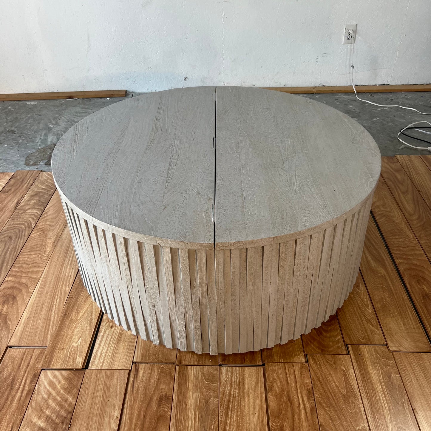 NEW Solid Wood Grey Drum Coffee Table with Storage