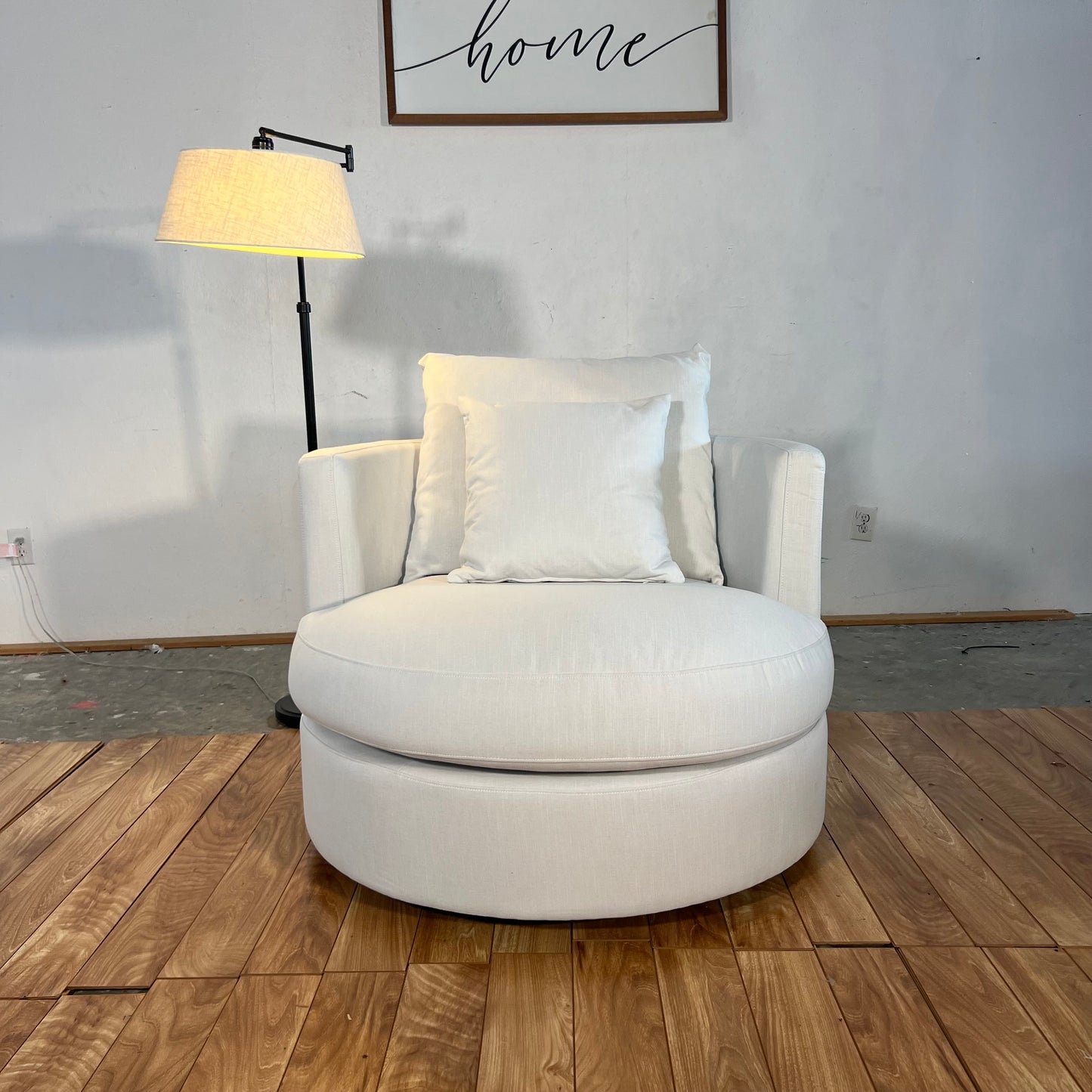 NEW Ivory Upholstered Swivel Barrel Chair
