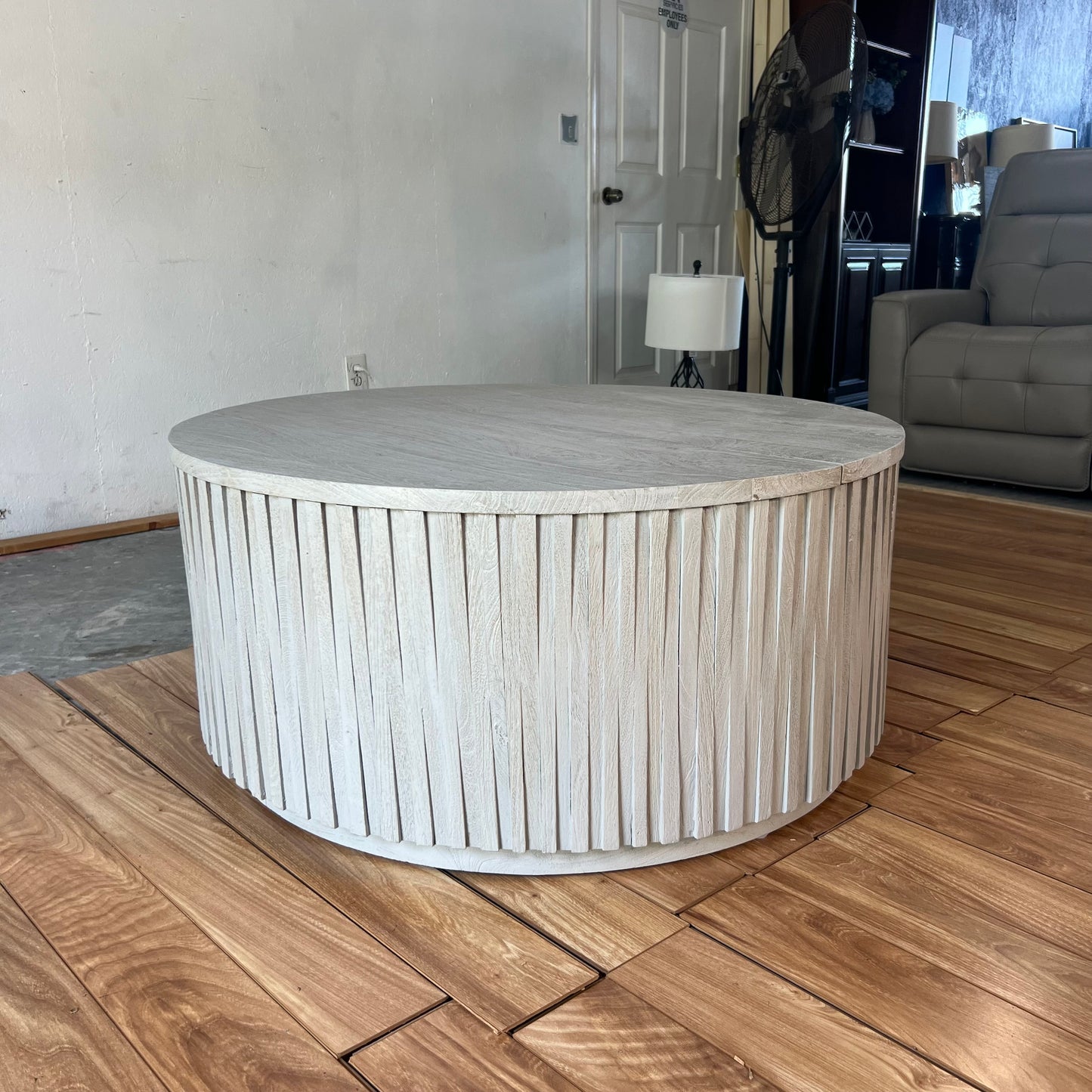 NEW Solid Wood Grey Drum Coffee Table with Storage