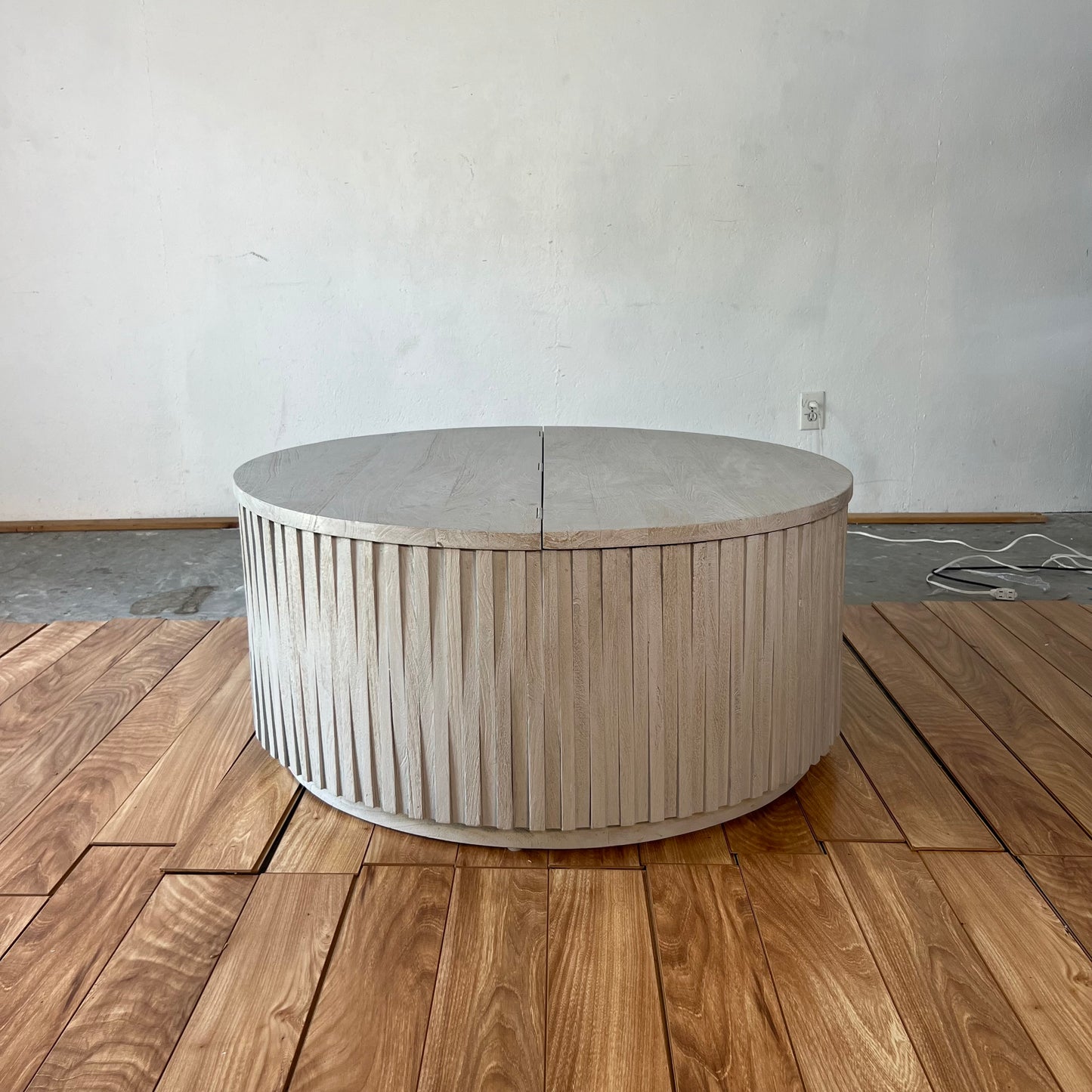 NEW Solid Wood Grey Drum Coffee Table with Storage