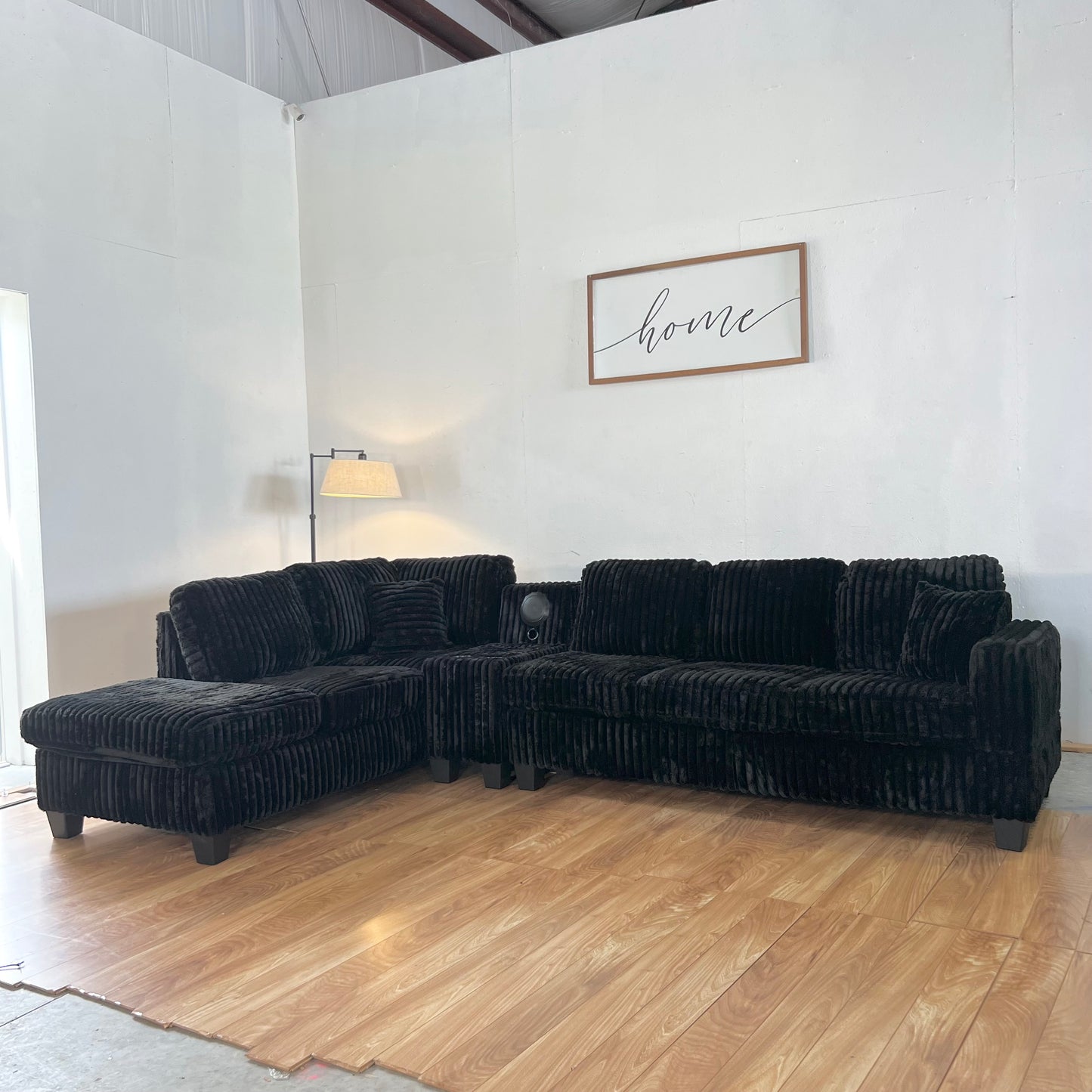 NEW 3-Piece Black Fluffy Corduroy Sectional