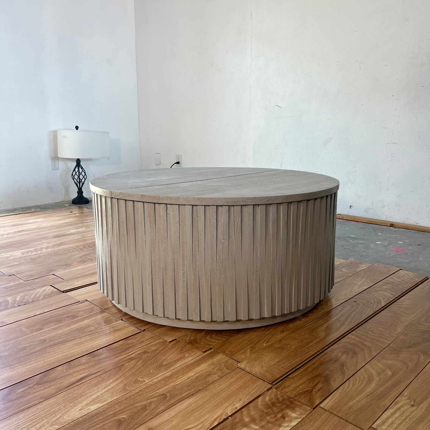 NEW Solid Wood Grey Drum Coffee Table with Storage