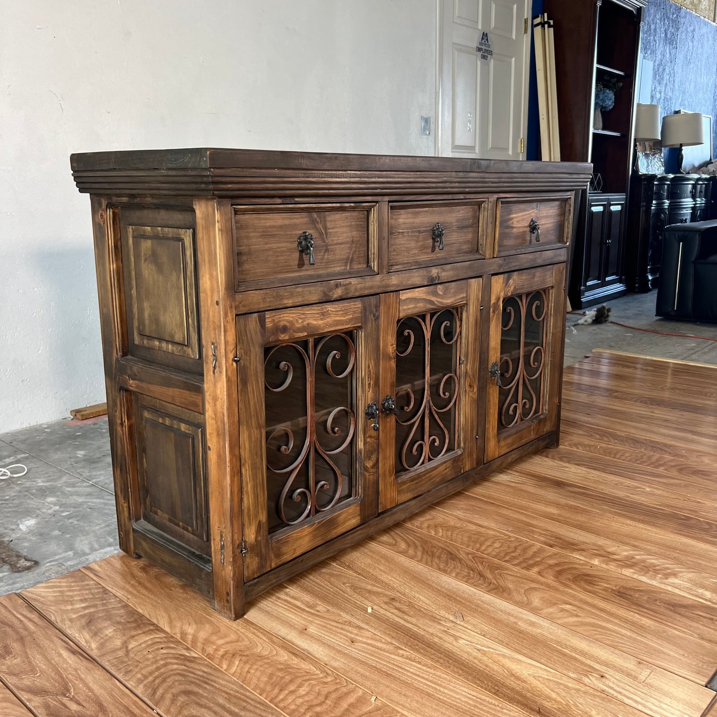 NEW Rustic Solid Wood and Metal Buffett Cabinet