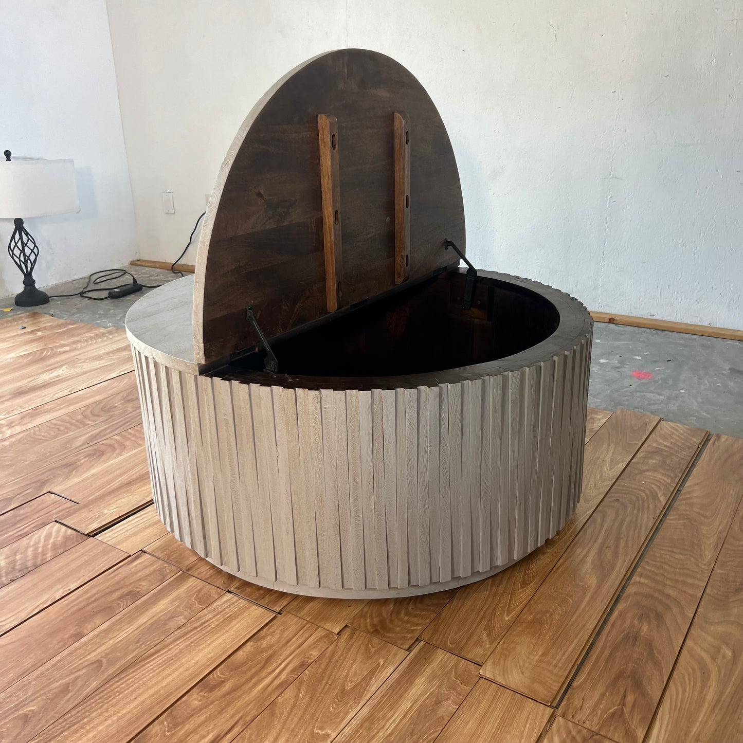 NEW Solid Wood Grey Drum Coffee Table with Storage