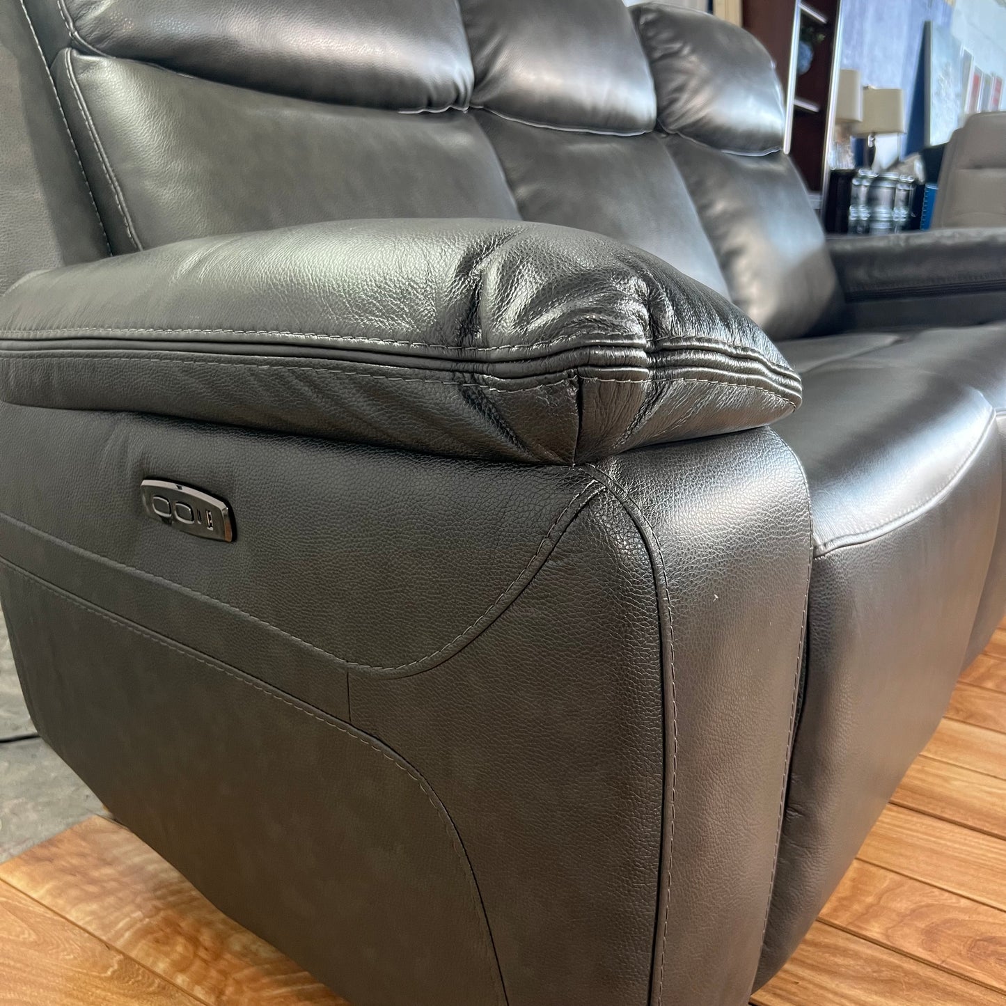 NEW Grey Genuine Leather Dual Reclining Sofa