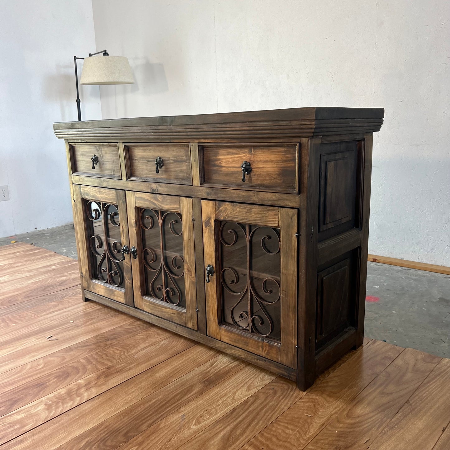 NEW Rustic Solid Wood and Metal Buffett Cabinet
