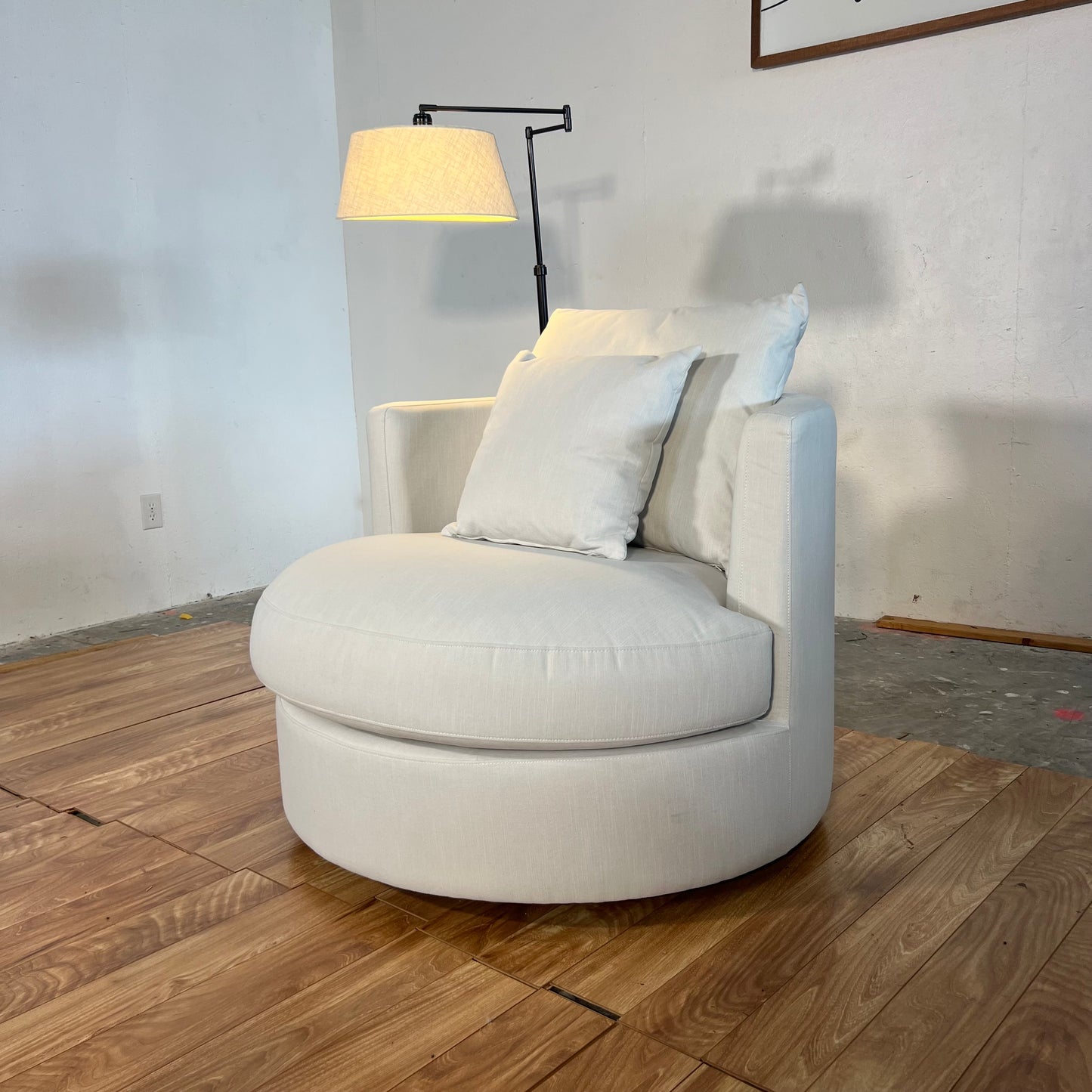 NEW Ivory Upholstered Swivel Barrel Chair